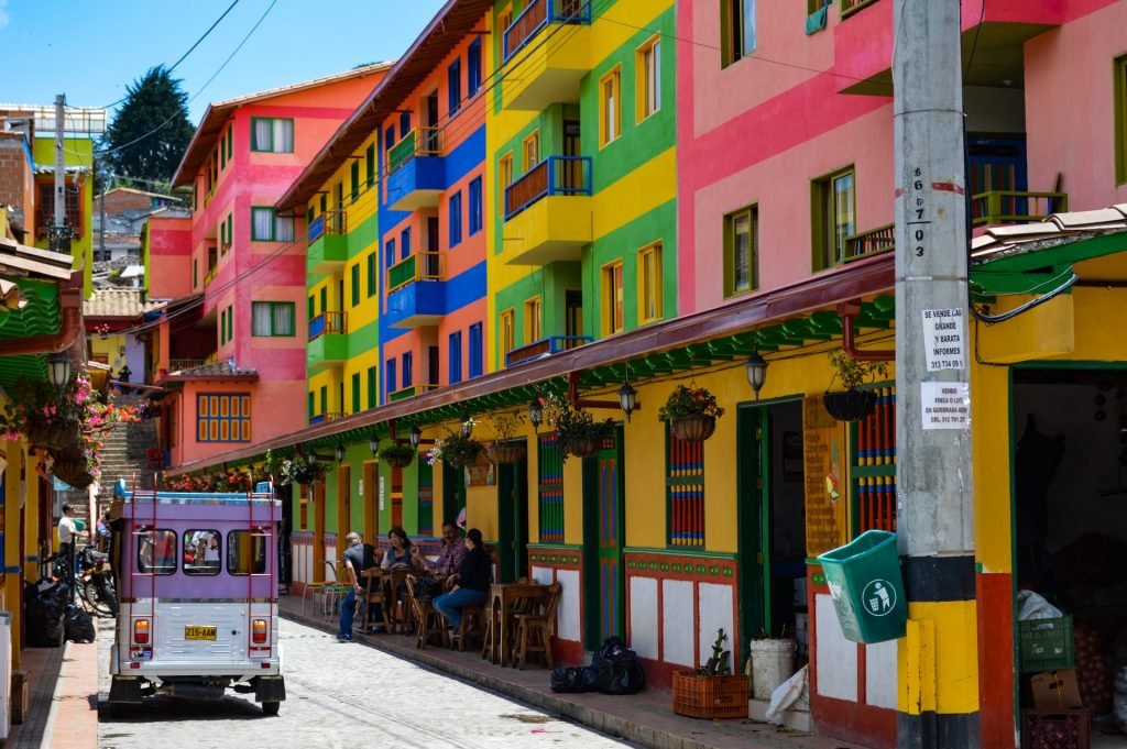 Colombia street with bright colourful houses on small lane