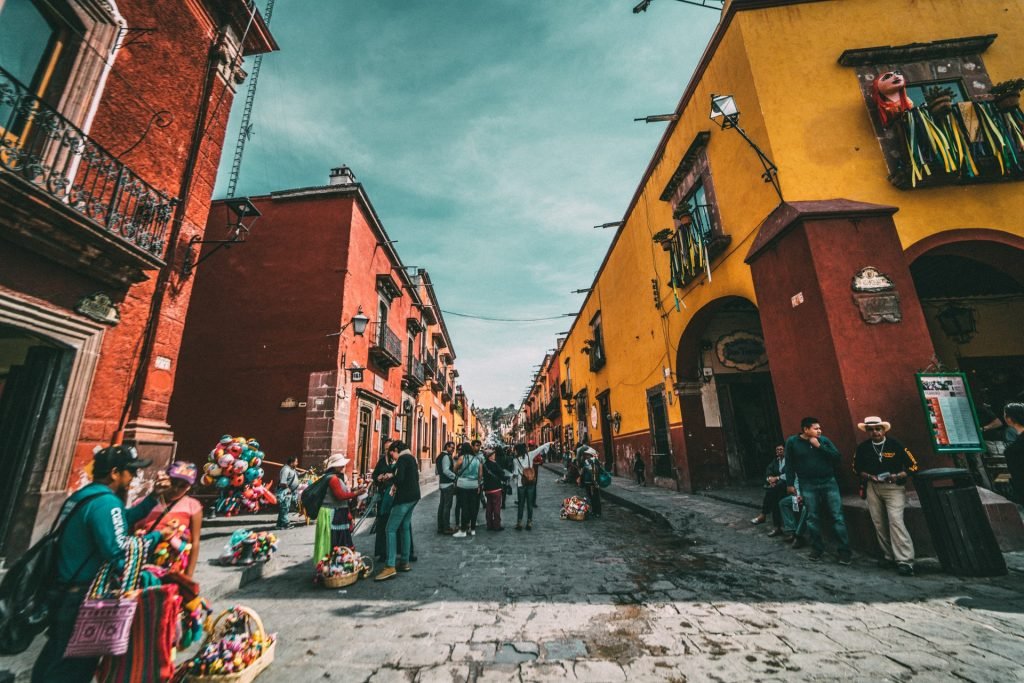 Mexican street with orange buildings